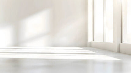 Empty white room with sunlight from the window on the wall,
3d rendering of white empty room with wooden floor and sun light cast shadow on the wall.

 - obrazy, fototapety, plakaty