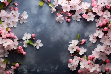 Top view of tree branch with flowers on gray concrete background