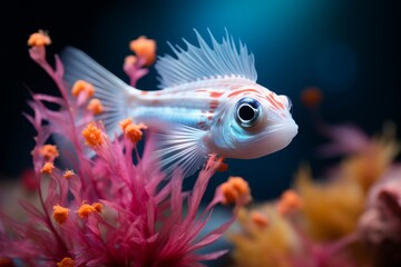 Beautiful white small sea fish with big eyes live in an aquarium among various algae and corals.