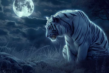 Schilderijen op glas Silent Guardian: a moonlit night, midst of tranquil scene stands a magnificent white tiger, its fur illuminated by the silvery light of the moon © Rehan