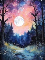 Vibrant Watercolor Night Sky Blossoms: Moonlit Garden Floral Art