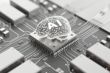 AI Brain Chip neurodegeneration. Artificial Intelligence cognitive computing mind neuroenhancement axon. Semiconductor self awareness circuit board problem solving skills