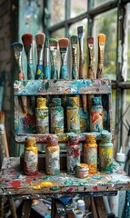 Paint brushes and tubes on a stand
