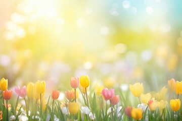 Spring background with beautiful yellow and red tulips flowers on blurred summer background
