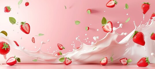 Fresh strawberries falling into milk or yogurt splash, isolated on white background, dairy concept.