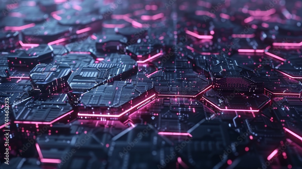 Poster vibrant neon hexagons pattern on a dark backdrop for modern design projects and artistic creations.