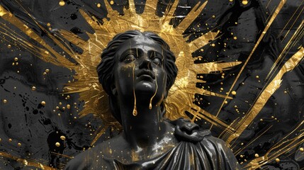 Vintage audio meets divine drama a Roman statue with a gold halo gold tears under god rays amidst black liquid - obrazy, fototapety, plakaty