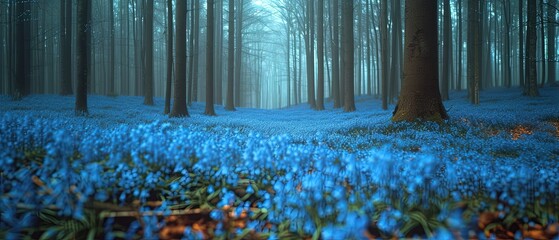 a blue forest with a lot of flowers in it - obrazy, fototapety, plakaty