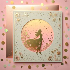 Women's Day card, pastel colors, gold print. 