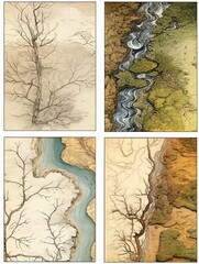 Vintage Map-Inspired Artworks: Nature Prints of Stream and Brook Art with Watercourse Maps