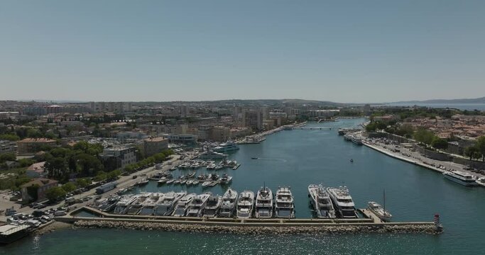 Aerial view of Zadar city harbor with boats and yachts, Zadar, Croatia.