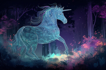 A unicorn in the woods. AI Generated
