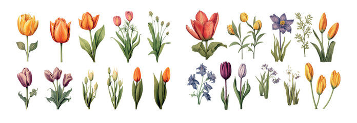 Vibrant and Detailed Illustrations of Various Blooming Flowers Including Tulips and Daisies - A Colorful Collection of Botanical Artistry in Vector - obrazy, fototapety, plakaty