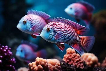 Beautiful colorful purple sea fish live in an aquarium among various algae and corals. - obrazy, fototapety, plakaty
