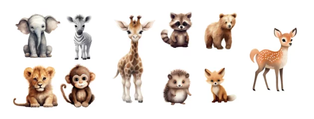 Fototapeten Collection of Adorable Baby Animals Including Elephant, Zebra, Giraffe, Raccoon, Bear, Deer, Lion, Monkey, Hedgehog, and Fox in a Cartoon © Zaleman
