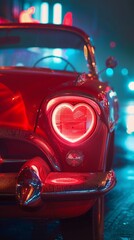 Vintage Car with Heart-Shaped Headlights and Neon Glow