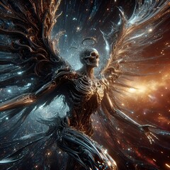 Angel skeleton. An epic extremely detailed of a titanium skeletal angel, fantasy concept art, dynamic lighting, epic glowing galaxy background