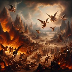 An epic scene of the battle between good and evil. An army of angels in a merciless fight against an army of demons in a surreal hellish environment with lots of fire, smoke and fantastic details - obrazy, fototapety, plakaty