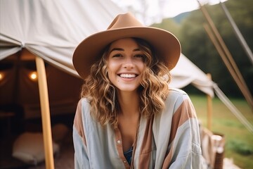 Beautiful young woman in hat looking at camera and smiling while standing near tent