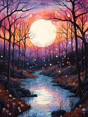 Whimsical Fairytale Illustration Prints: Enchanted Evening Twilight Landscape Art Print
