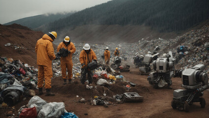 Futuristic landfill. Futuristic rendering of workers in protective gear sorting garbage at a landfill alongside robotic, automated landfill machines