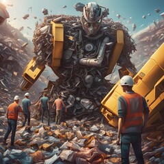 Futuristic landfill. Futuristic rendering of workers in protective gear sorting garbage at a landfill alongside robotic, automated landfill machines - obrazy, fototapety, plakaty