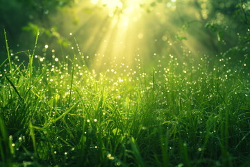 Vibrant Green Meadow: A Bright, Fresh Spring Morning with Dew Drops on Lush Grass under the Sunlight