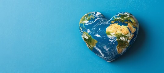 Heart shaped earth globe on blue background promoting environmental care and sustainability.