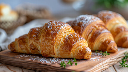 Three croissants displayed on a wooden cutting board