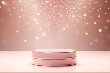 Pastel Pink Pedestal Podium with Shiny Particles. Beauty Product Promotion Platform Display Mockup. Minimal Style, Copy Space