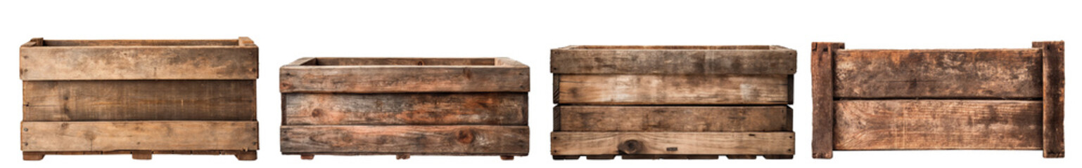 Set of old weathered wooden crate boxes, cut out