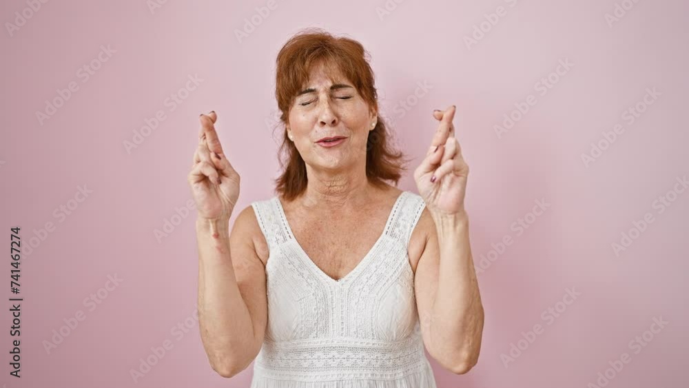 Wall mural Hopeful middle age woman, standing in a dress, with eyes closed and fingers crossed, playfully gesturing superstitious luck symbol. beautiful smile over an isolated pink background.