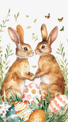 Fototapeta premium Watercolor card on a white background with rabbits and Easter eggs