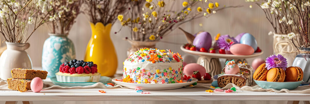 Spring-themed baked goods, including an Easter cake, adorn the festive table, complemented by dried flowers