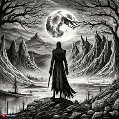 A vampire in the night of the full moon. A drawing of a surreal landscape with a dramatic sky and unusual fog. In the foreground stands a female vampire shown from behind. Above the landscape is a hug - obrazy, fototapety, plakaty