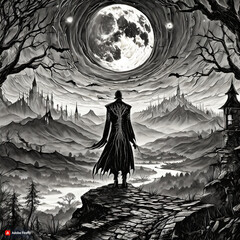 A vampire in the night of the full moon. A drawing of a surreal landscape with a dramatic sky and unusual fog. In the foreground stands a female vampire shown from behind. Above the landscape is a hug