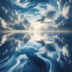  the ethereal quality of the mirrored sky blending with the rippling water, generative ai