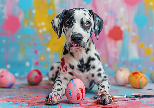 A Dalmatian dog in paint holding Easter eggs and paintbrush