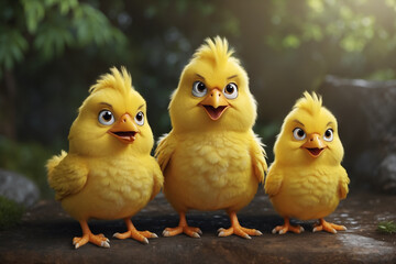 Three yellow chickens are sitting on a rock