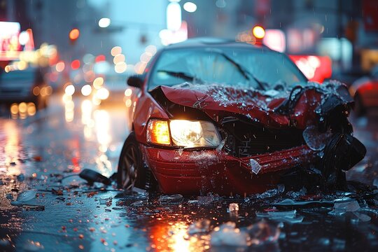 A battered red car sits abandoned in the rain-soaked city streets, its damaged front end a stark contrast to the glistening automotive lights and snowy winter backdrop