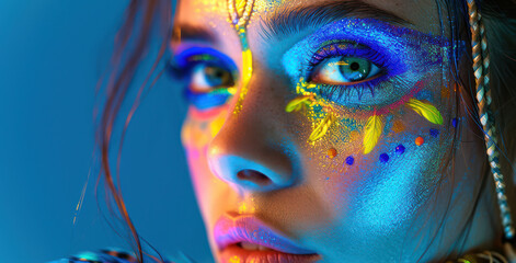 Colorful Beauty: A Bright and Glamorous Closeup Portrait of a Young Female Model with Creative Makeup in a Neon Studio Background