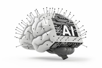 AI Brain Chip hub network. Artificial Intelligence oligodendroglioma mind compound semiconductor axon. Semiconductor multi tenancy circuit board microscale neural interface - obrazy, fototapety, plakaty