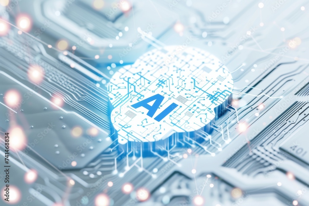 Poster ai brain chip hemisphere. artificial intelligence information technology mind neurological mechanism