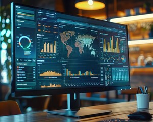 A detailed data analysis dashboard showing various graphs and statistics on a computer monitor in a modern office