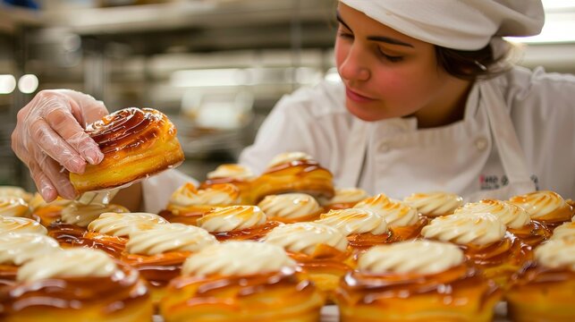 Talented female pastry chef creating sweet treats in bright bakery with space for text.