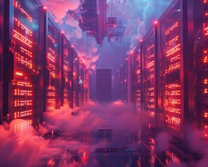 A futuristic data center with holographic servers and ethereal cloud infrastructure, glowing in a vibrant red hue