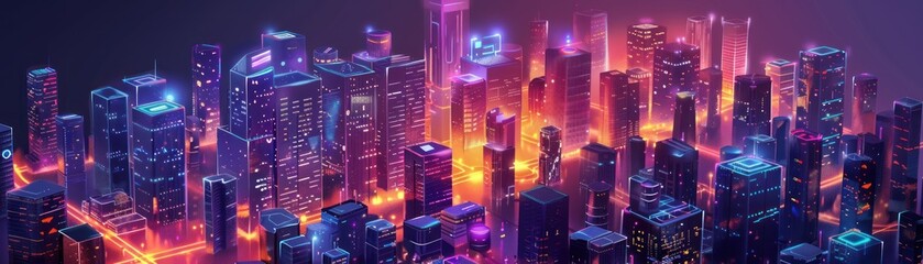 A breathtaking futuristic cityscape at night, illuminated by neon lights and glowing skyscrapers, showcasing a vision of advanced urban life.