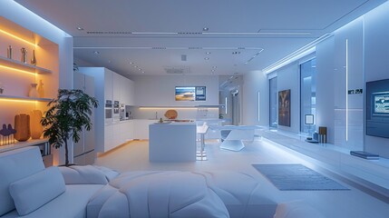 A futuristic white kitchen interior featuring sleek surfaces and ambient blue lighting, reflecting a modern, clean, and high-tech design aesthetic.