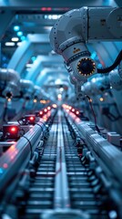 White robotic arm on a modern production line with red lights, reflecting advanced manufacturing technology.