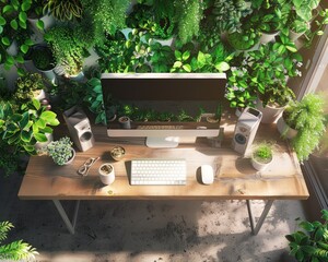 A serene home office setup with a computer surrounded by a lush variety of indoor plants, promoting a green workspace.